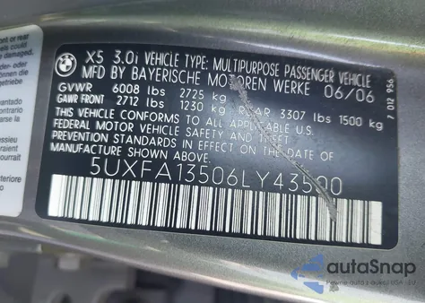 2006 BMW X5 3.0I from USA, damaged, VIN 5UXFA13506LY43500